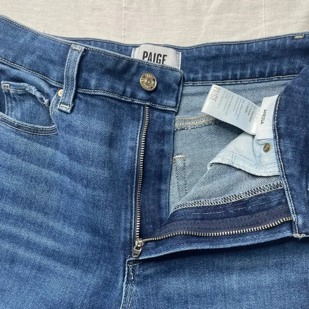 Paige Anessa High Rise Wide Leg Jeans Size 25 Women's Cotton Stretch Raw Hem - Picture 4 of 7